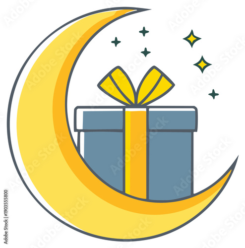 Magical crescent moon holding a beautifully wrapped gift box with sparkling stars illustration