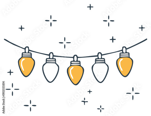 Cute hand drawn festive string lights with glowing yellow bulbs and sparkling holiday decoration