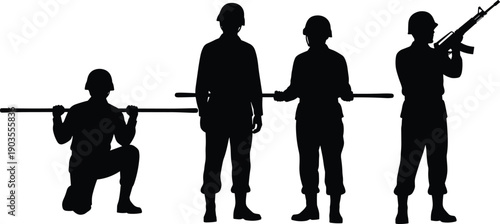 Black silhouette set of four soldiers wearing helmets and military uniforms in various poses including kneeling with a pole and aiming an assault rifle.