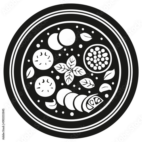 Stylized Black and White Illustration of Pizza Ingredients in a Circle