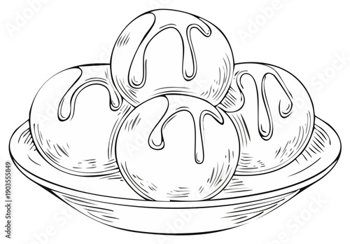 Hand-drawn illustration of sweet dessert balls drizzled with sauce on a plate