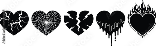 Heart silhouette icon set, broken fragile cracked flaming dripping designs, emotional symbol illustration pack, black and white artwork