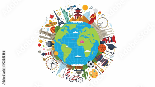 A globe surrounded by cultural symbols and global landmarks