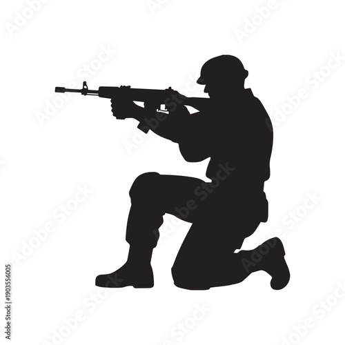 Kneeling Military Soldier Silhouette Holding Assault Rifle Tactical Combat Pose Vector Illustration.