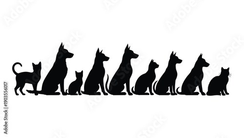 Silhouettes of cats and dogs sitting in a row against a white background Vector