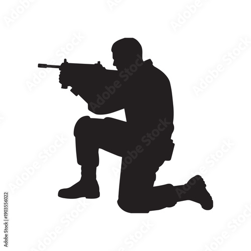 Kneeling Military Soldier Silhouette Holding Assault Rifle Tactical Combat Pose Vector Illustration.