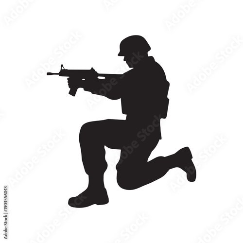 Kneeling Military Soldier Silhouette Holding Assault Rifle Tactical Combat Pose Vector Illustration.