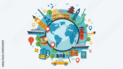 A globe surrounded by famous world landmarks, travel icons, and travel tools