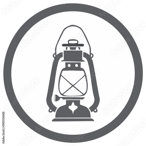 Vector icon of a vintage kerosene lantern, old hurricane oil lamp in a circular frame