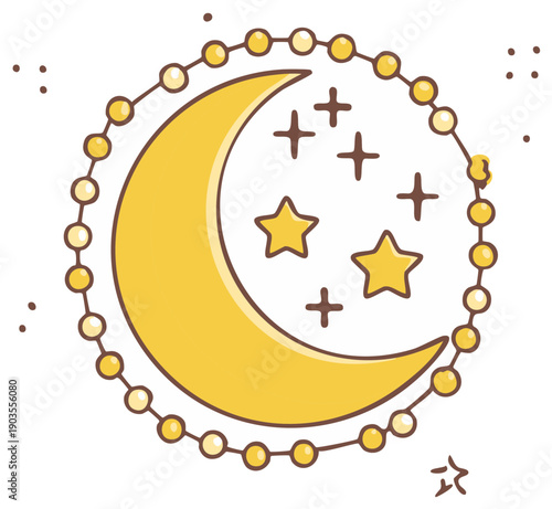 Whimsical golden crescent moon with stars and beaded border, dreamy celestial night sky illustration