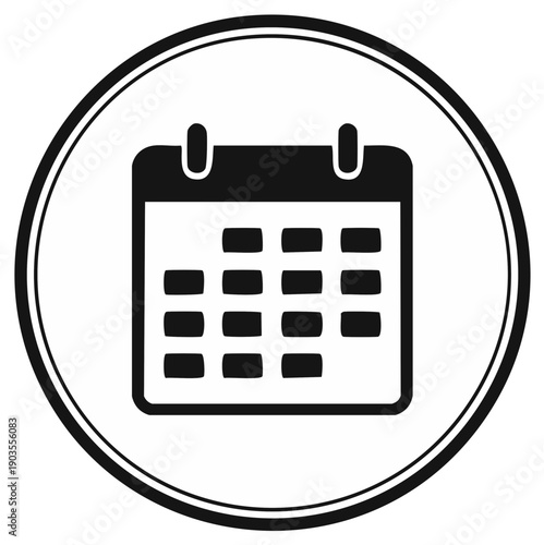 Black and White Calendar Icon Inside Circle Schedule or Appointment Reminder Symbol