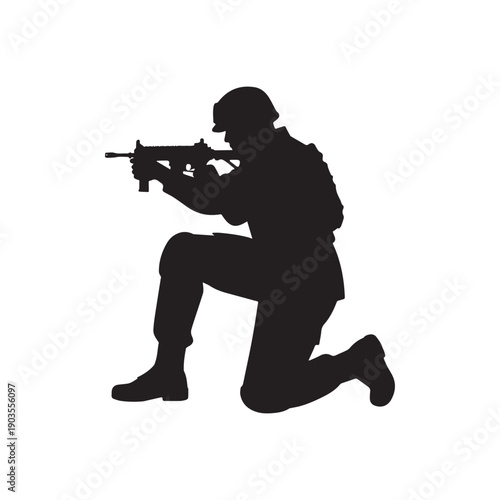 Kneeling Military Soldier Silhouette Holding Assault Rifle Tactical Combat Pose Vector Illustration.