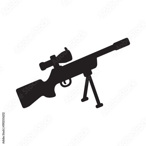  Long Range Sniper Rifle Silhouette Icon with Scope and Bipod Vector Graphic.