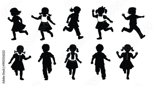 A diverse group of children silhouettes in various dynamic poses and outfits Vector