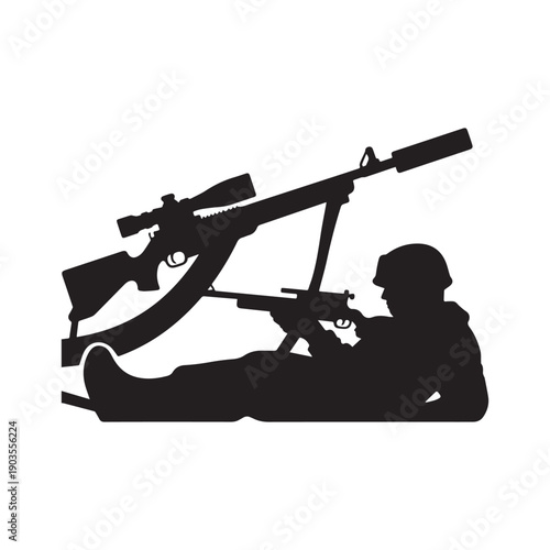 Military Sniper Silhouette in Crouching Pose Aiming Long Range Precision Rifle Illustration.