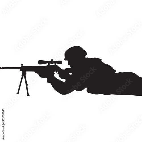 Military Sniper Silhouette in Crouching Pose Aiming Long Range Precision Rifle Illustration.