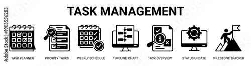 Task Management web banner icon vector illustration concept with icon of task planner, priority tasks, weekly schedule, timeline chart, task overview, status update, and milestone tracker.