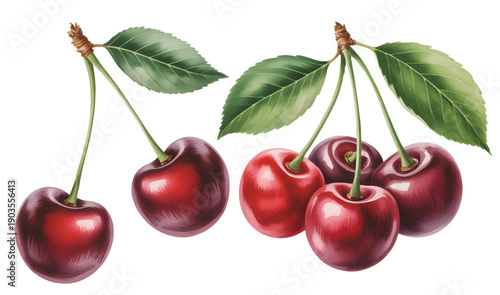 Fresh cherry fruits with leaves in natural watercolor style.