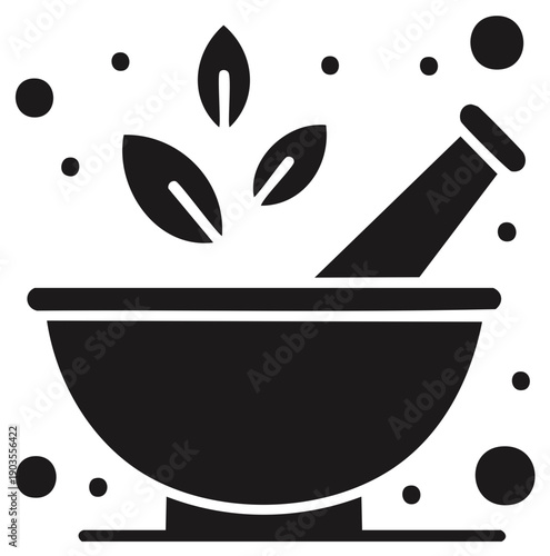 Mortar and pestle with fresh leaves, black glyph icon for natural medicine and herbal remedies