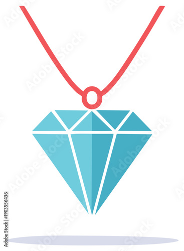 Flat illustration of a bright blue diamond pendant on a red cord necklace