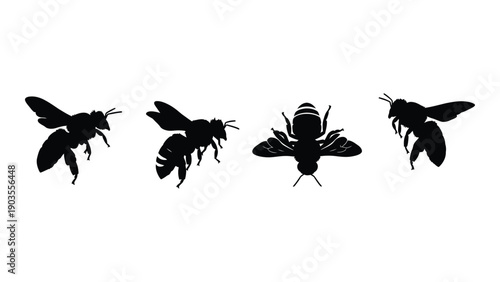 Four distinct black silhouettes of bees showcasing different poses and styles Vector