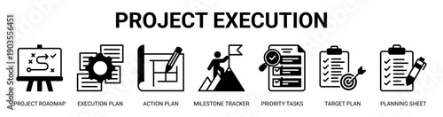 Project Execution web banner icon vector illustration concept with icon of project roadmap, execution plan, action plan, milestone tracker, priority tasks, target plan, and planning sheet.