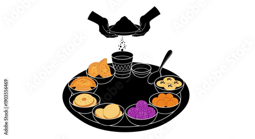 Traditional Indian thali with various food offerings and hands performing a ritual pouring, symbolizing cultural and religious practices.
