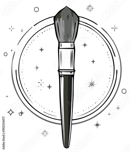 Artistic makeup brush illustration inside of a decorative circular frame design