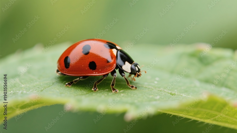 Fototapeta premium Macro photography of Harmonia axyridis: A macro lens captures in high definition the natural moment when a Harmonia axyridis with a red-and-white-spotted shell perches on a tender green leaf. The deli