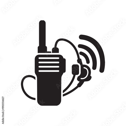 Tactical Radio Walkie Talkie Icon with Headset and Signal Waves Vector Illustration.