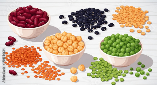 Colorful Pulses and Legumes in Bowls – Healthy Plant-Based Food Vector Illustration