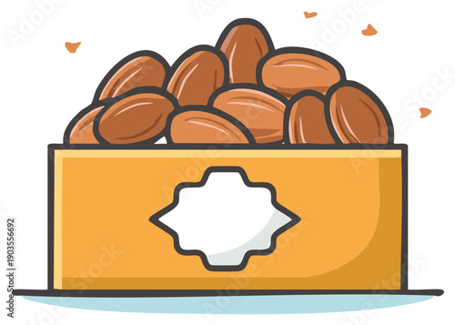 Cartoon illustration of a box overflowing with delicious brown dates, featuring a blank label