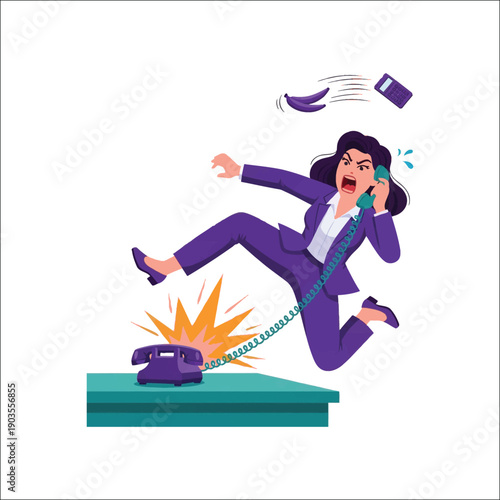 Angry Businesswoman Yelling on Phone and Kicking Desk in Office Rage – Vector Illustration