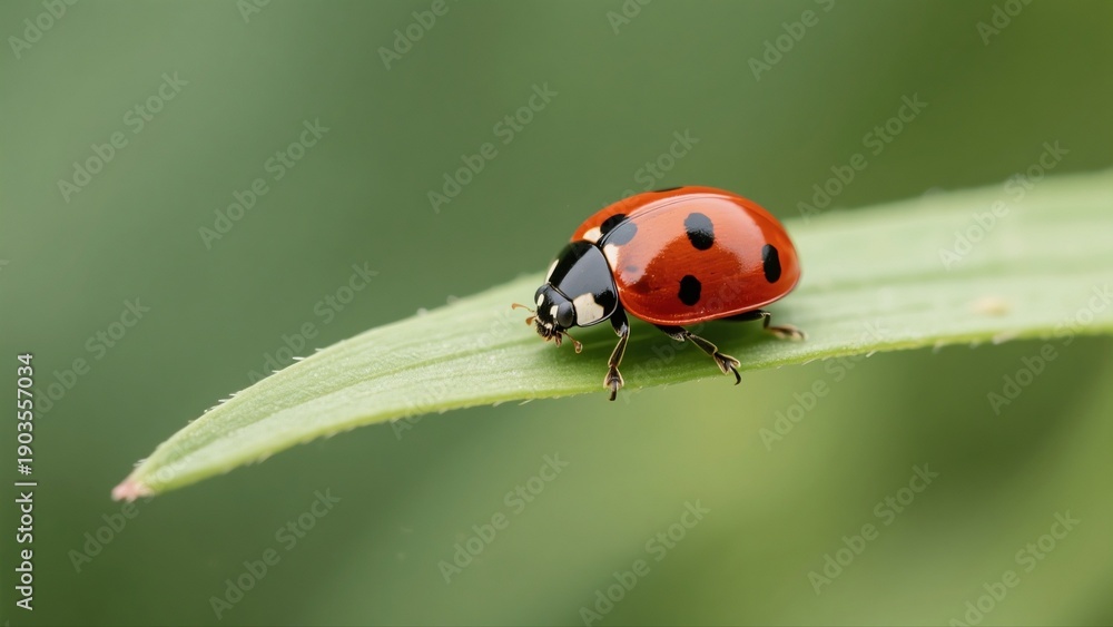 Fototapeta premium Macro photography of Harmonia axyridis: A macro lens captures in high definition the natural moment when a Harmonia axyridis with a red-and-white-spotted shell perches on a tender green leaf. The deli