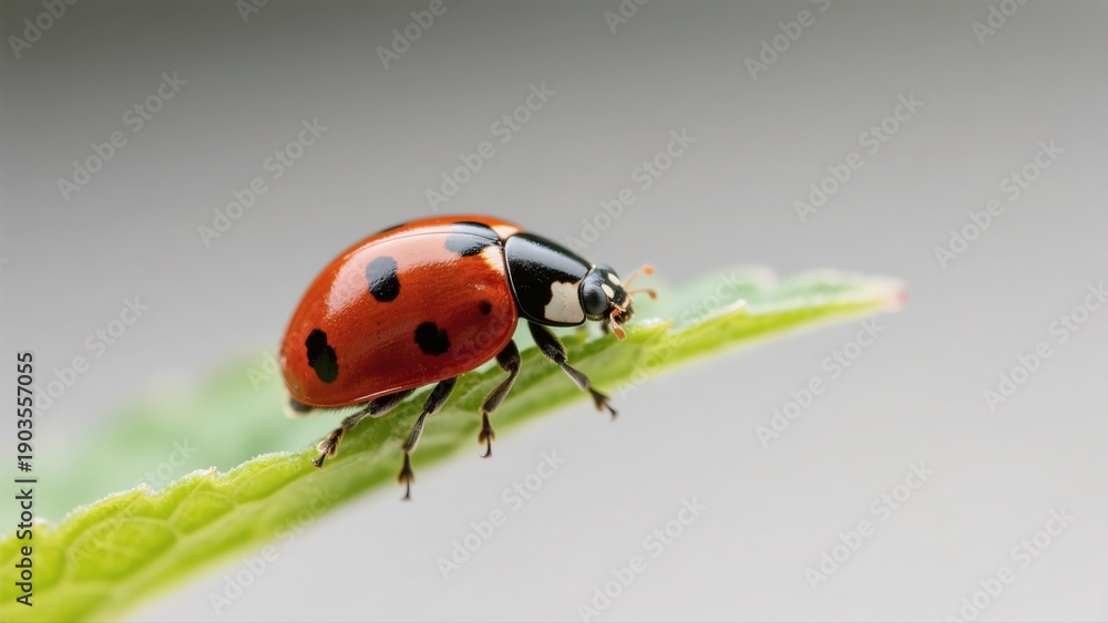 Fototapeta premium Macro photography of Harmonia axyridis: A macro lens captures in high definition the natural moment when a Harmonia axyridis with a red-and-white-spotted shell perches on a tender green leaf. The deli