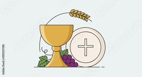 A golden chalice, host, grapes and wheat in a stylized illustration