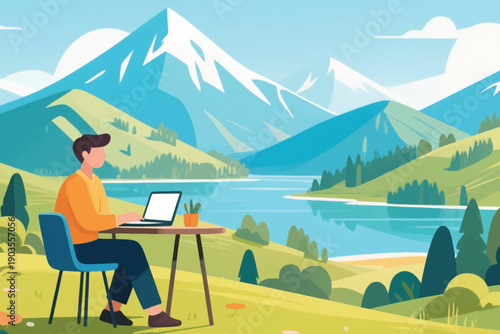 Person working on laptop at outdoor table with plant, snowy mountains, green hills, and serene lake, symbolizing remote work and nature balance.
