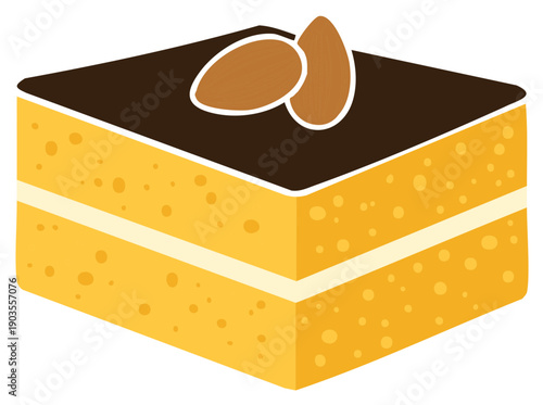 Delicious Sponge Cake Slice Topped with Chocolate Glaze and Almonds, Vector Illustration