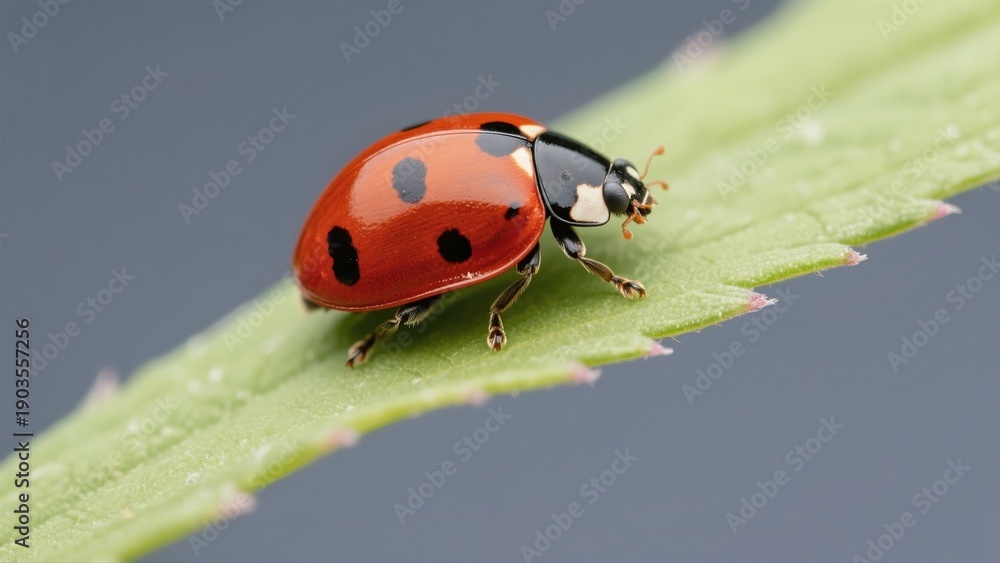 Fototapeta premium Macro photography of Harmonia axyridis: A macro lens captures in high definition the natural moment when a Harmonia axyridis with a red-and-white-spotted shell perches on a tender green leaf. The deli