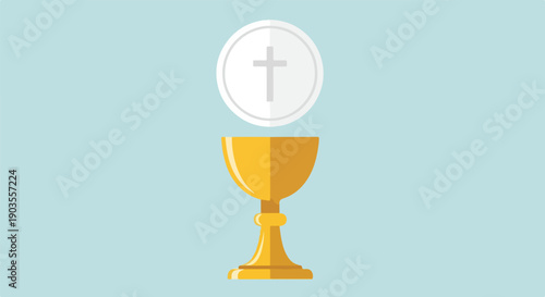 A golden chalice with a white wafer featuring a simple cross