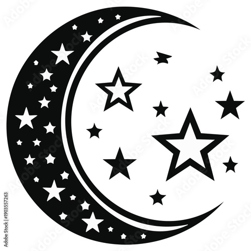 Stylized Crescent Moon and Stars Graphic for Celestial Night Sky Design