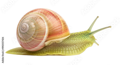 Fotografía Garden snail isolated PNG on transparent background, mollusk with spiral shell a