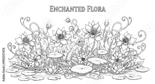 Hand Drawn Black and White Botanical Illustration of Water Lilies and Aquatic Flora with 'ENCHANTED FLORA' Text isolated PNG with Transparent Background