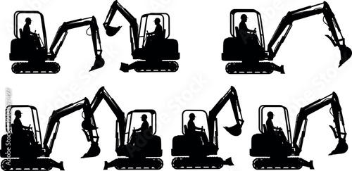Mini excavator silhouette collection with construction worker operating digging machine, heavy equipment and industrial construction vehicle illustration set isolated on white background
