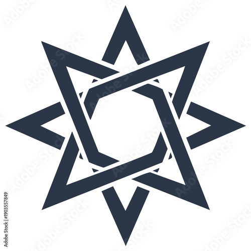 Intertwined star symbol, geometric, dark blue design, isolated.