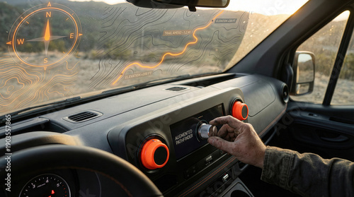 AR Topographical Navigation Projected on Van Windshield, Augmented Reality Interface in Professional RV Dashboard, Digital Trust and Human-Centric Tech Integration for Nomadic Travel