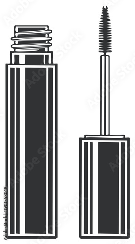 Isolated mascara tube with screw cap and brush, black and white vector illustration, make-up essential, cosmetic product for eye enhancement