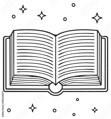 Open book with radiating stars and circles, simple line art illustration