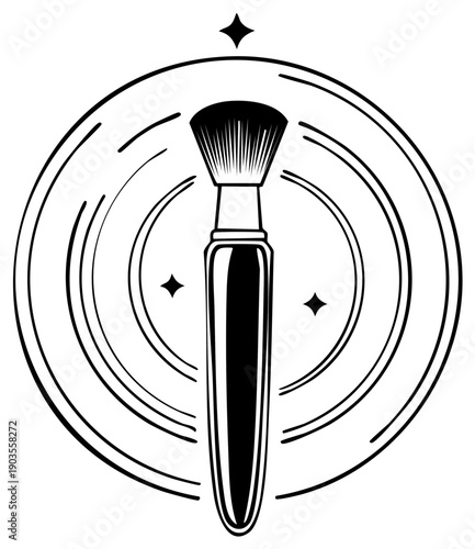Black and White Illustration of a Cosmetic Makeup Brush with Circular Design Elements