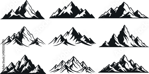 Mountain silhouette set with snow peaks and rocky ranges, black vector illustration collection isolated on white for nature, adventure, logo and outdoor design